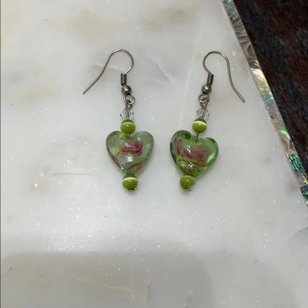 Artisan green glass heart with design